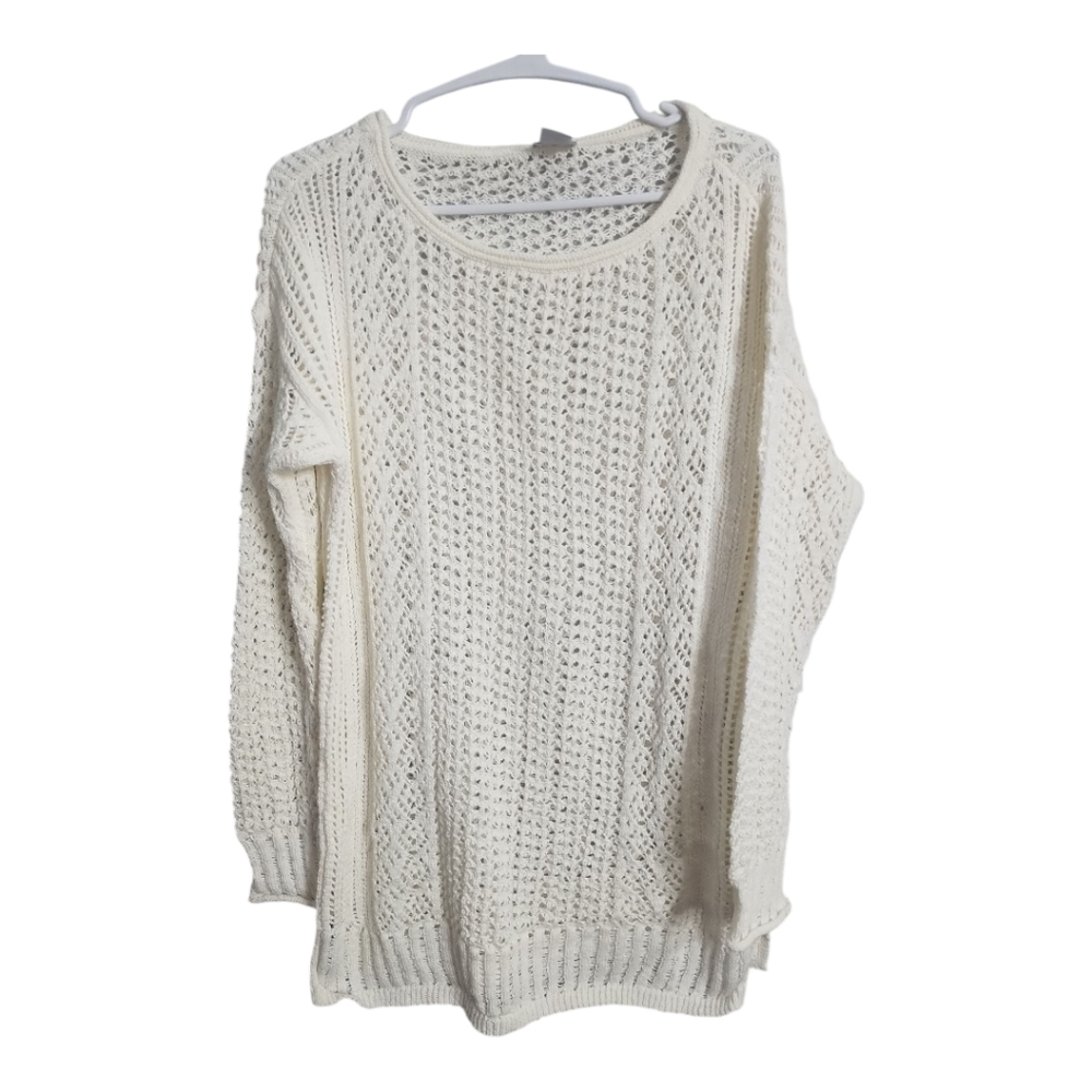 Chicos Open Stitch Pull‎ On 3/4 Sleeve Preppy Coastal Vacation Neutral Sweater M